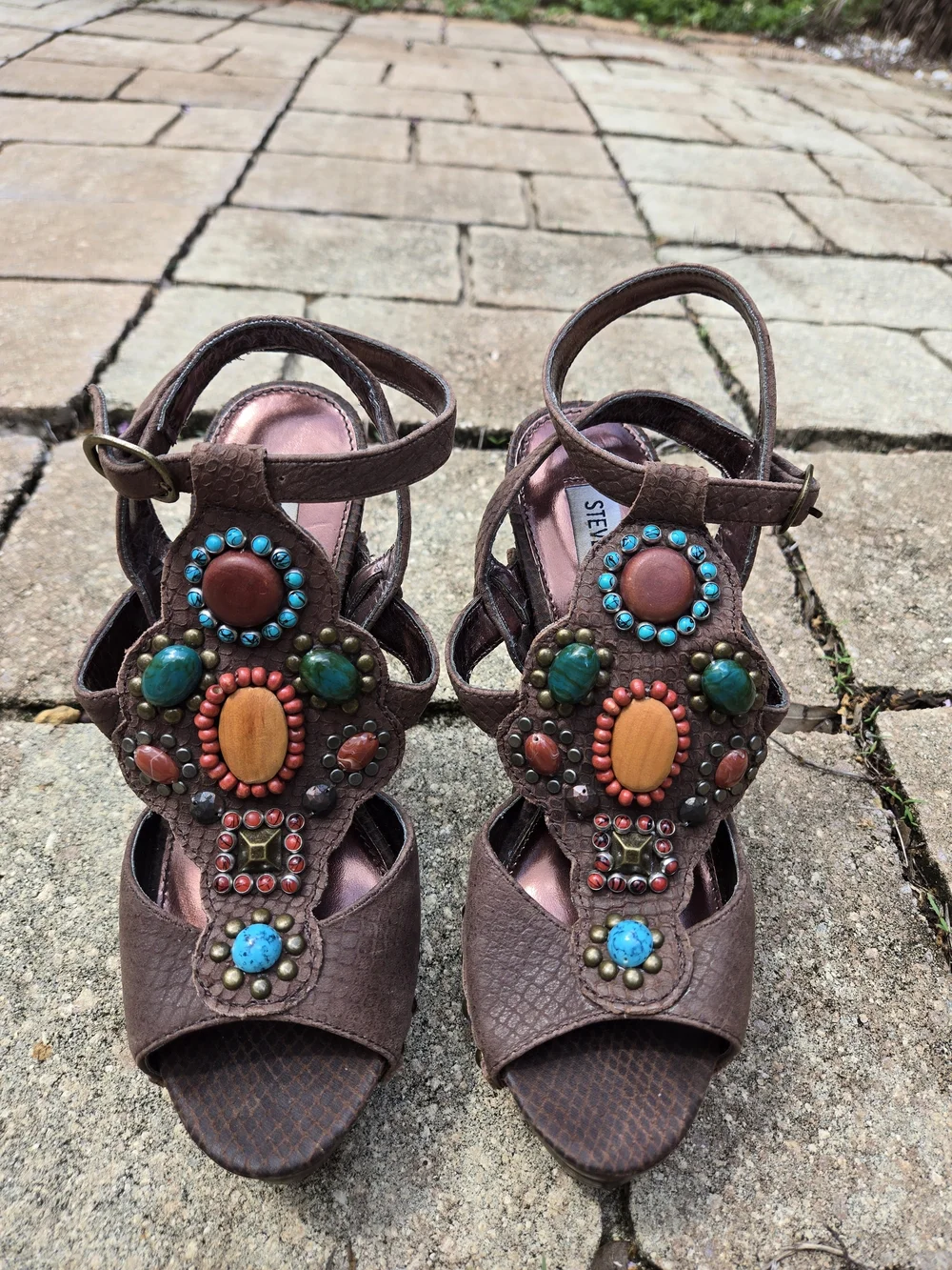 Steve Madden Brown Embellished Leather Platform Sandal Size 7 RARE Festival Shoe
